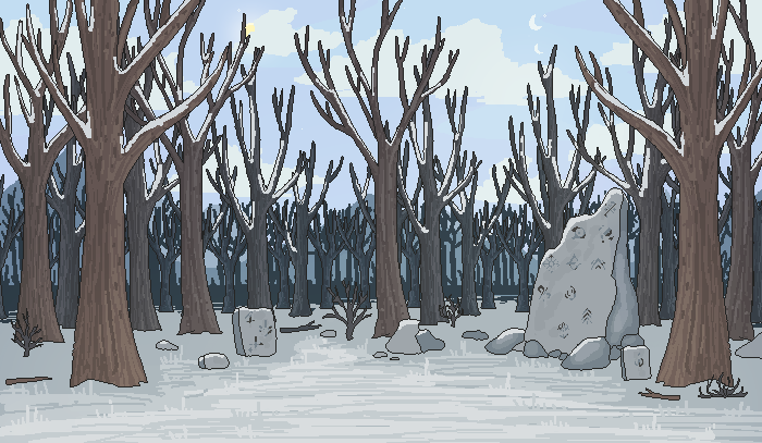 forest scene with crumbling ruins and runestones in partcloud weather in winter