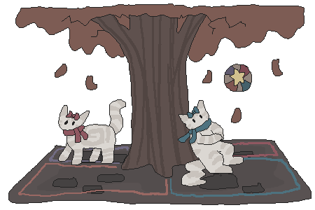 two null cats wearing scarves, around a starball tree
