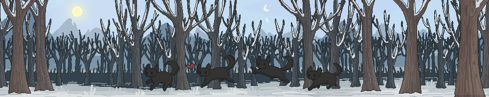 site banner: a black cat running through the woods; the weather is clear