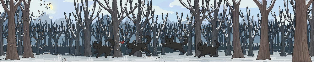 site banner: a black cat running through the woods; the weather is windy